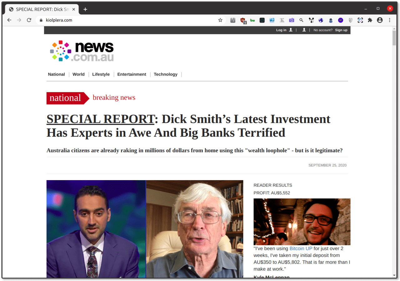 The YouTube ads point to this landing page featuring a deceptive article promoting the investment scheme.